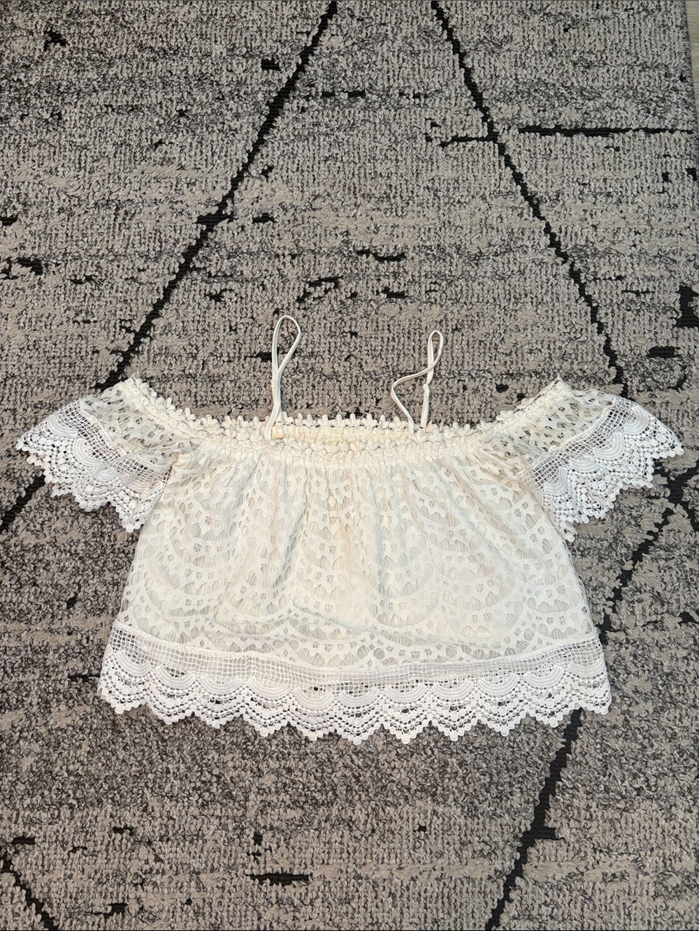 Women's Ivory Lace Off-Shoulder Crop Top with Spaghetti Straps